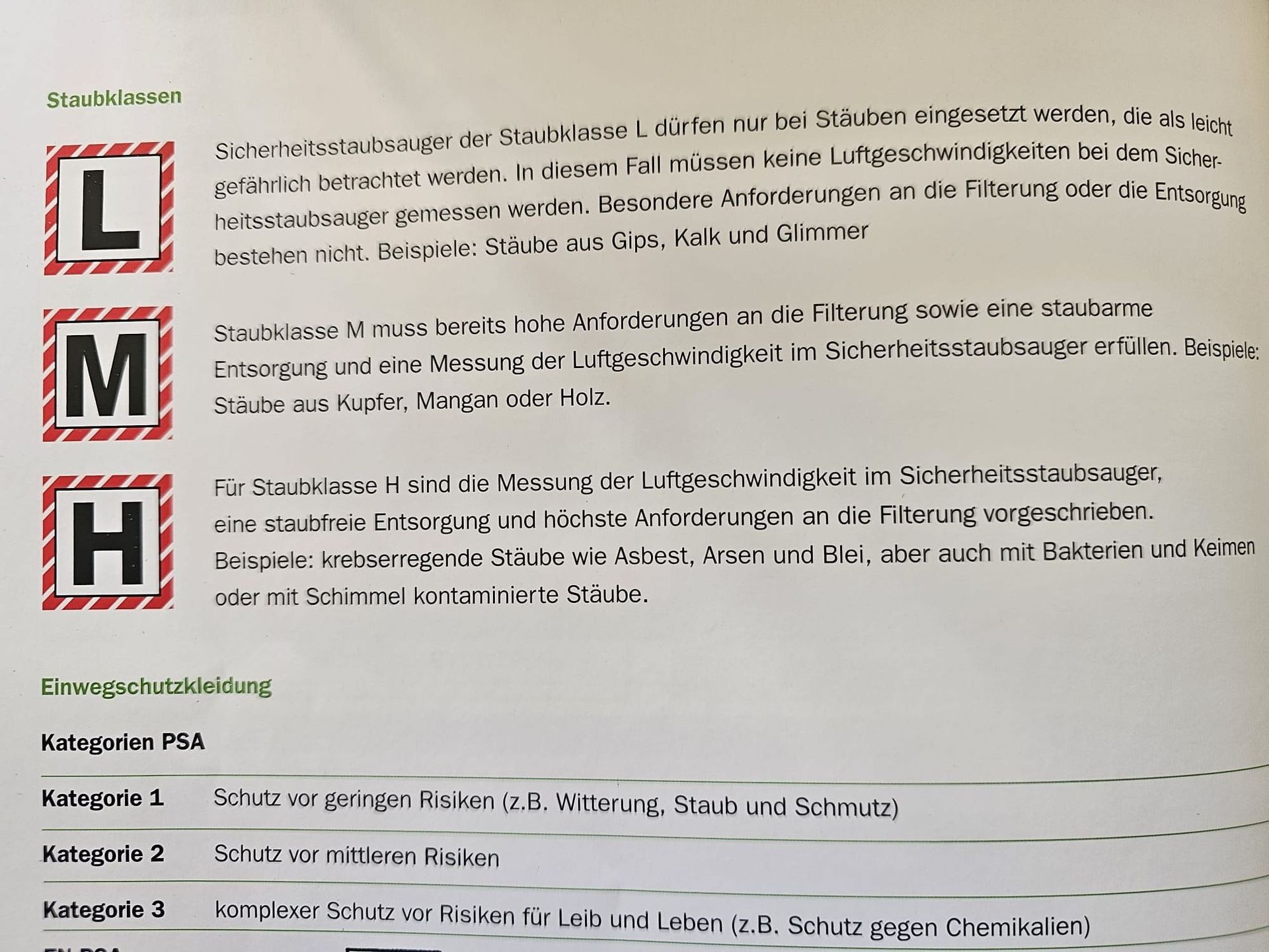 Arbeitsblatt mit Staubklassen-Übersicht