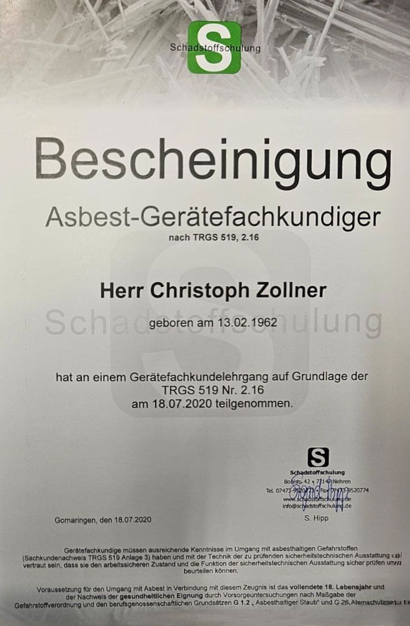 Certificate of asbestos expert, Herr Christoph Zollner, issued 15.01.2023.