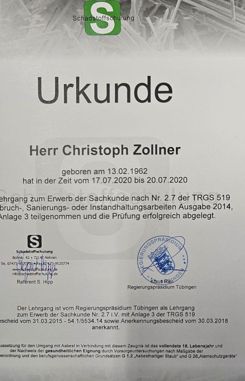 Zertifikat für Christoph Zollner über die Teilnahme an der Schulung vom 17.07.2020-20.07.2020 mit Logo und Siegel.