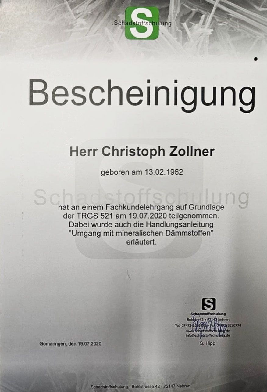 Zertifikat für Christoph Zollner, der am 13. Juli 2020 einen Kurs zur TRGS 521 absolviert hat.