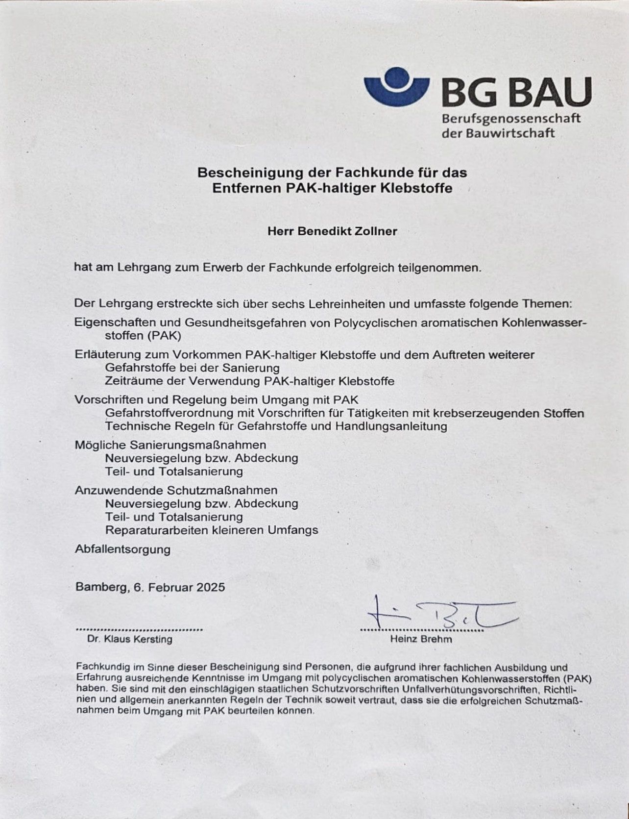 Deutsches Dokument der BG BAU, mit Text und Unterschrift.