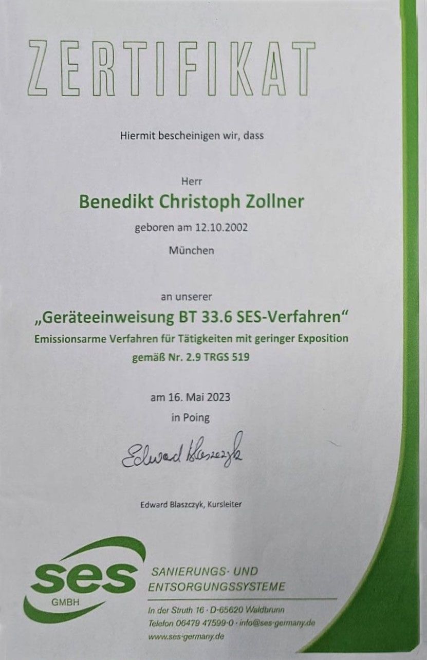 Zertifikat für Benedikt Christoph Zollner