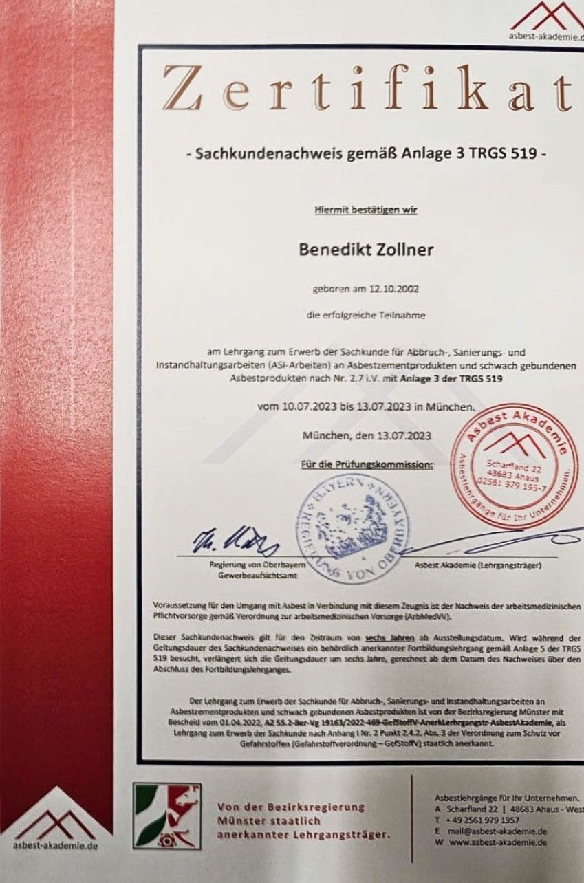 Zertifikat Sachkundenachweis für Benedikt Zöllner