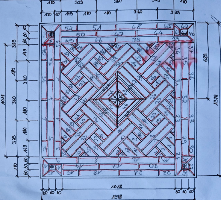 Skizze für geometrische Tischplatte aus dunklem und hellem Holz