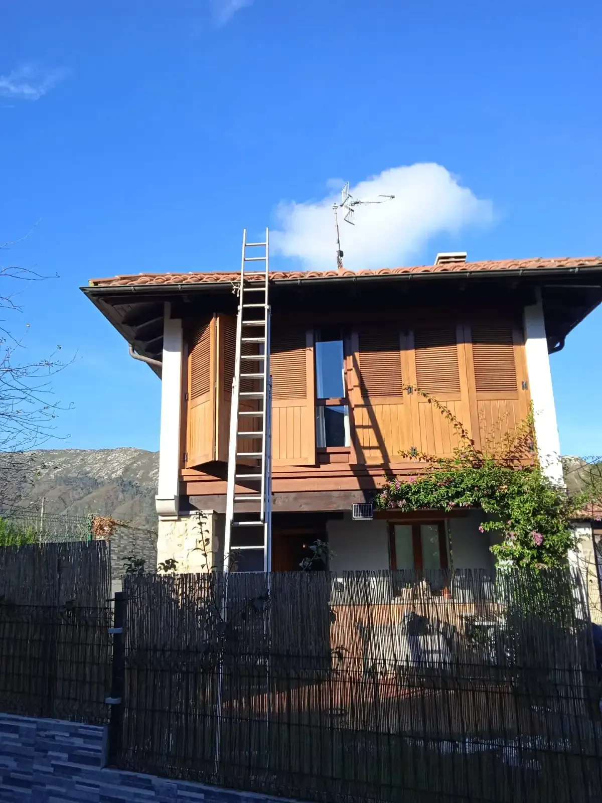 Casa de madera de dos pisos con una escalera en el tejado y una valla negra delante, bajo un cielo azul.