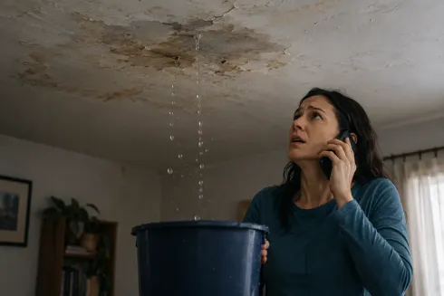 Mujer hablando por teléfono junto a un cubo que recoge una gotera del techo en el interior.