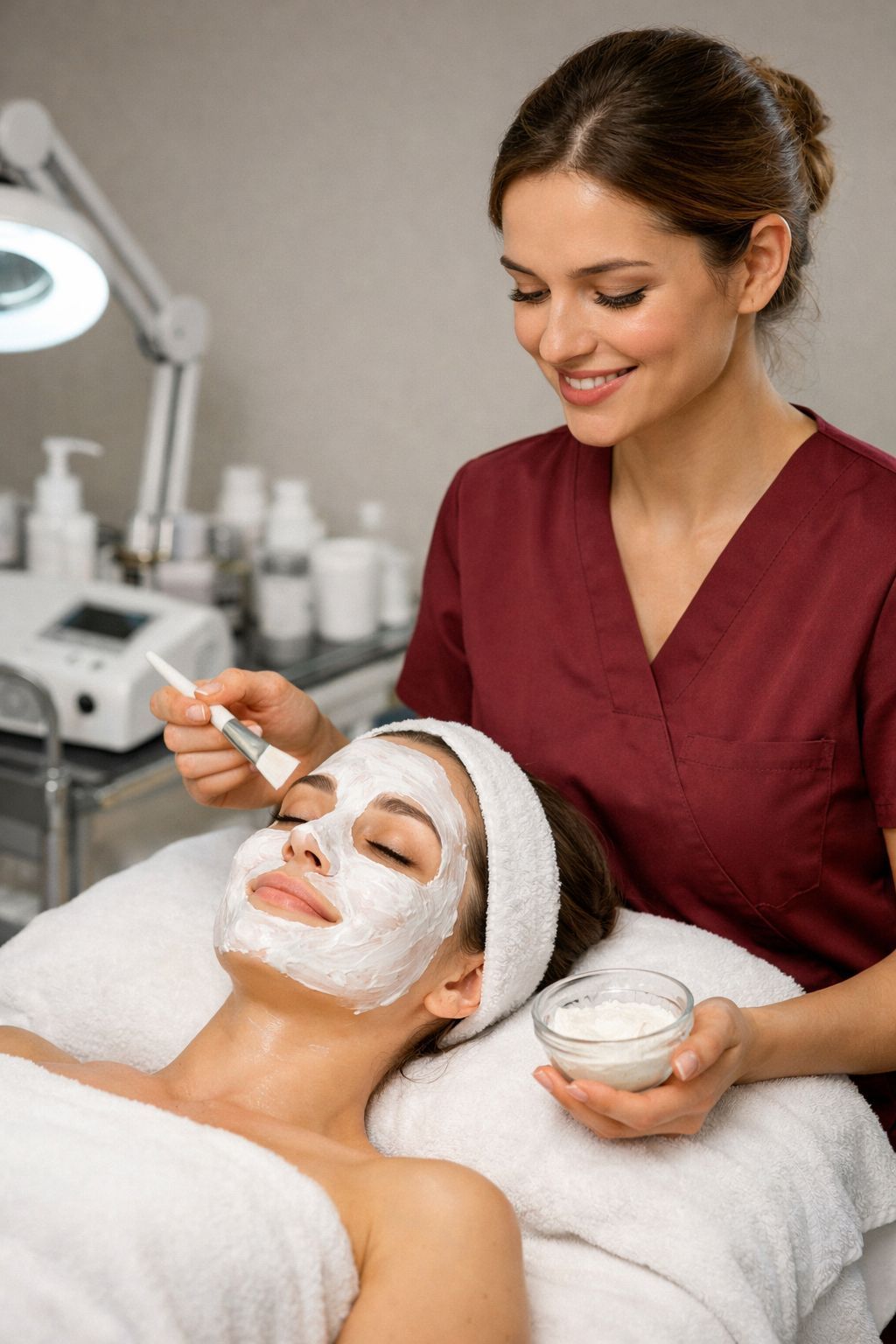 Una persona recibe un relajante masaje facial profesional en un ambiente de spa sereno y con iluminación tenue.