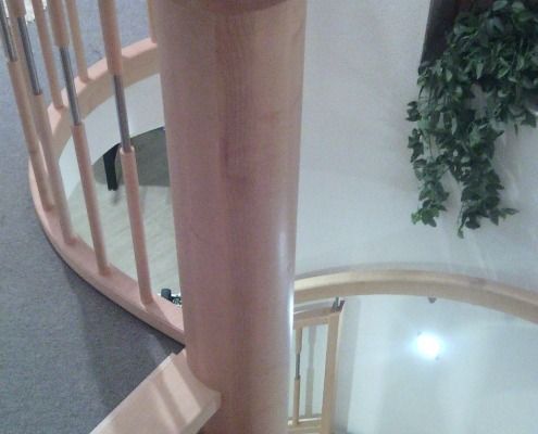 Eine Wendeltreppe mit Holzgeländer und einer Pflanze an der Wand