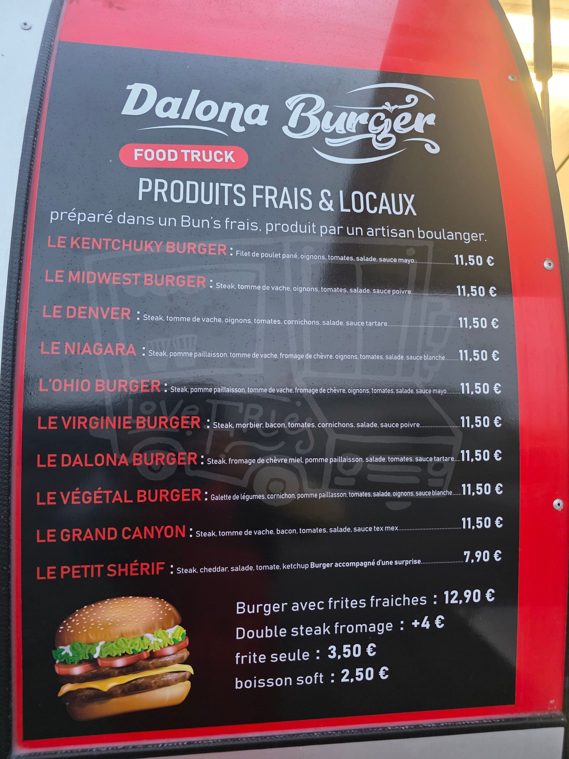 Tableau de menu du food truck DALONA BURGER indiquant les burgers, les prix et les options.