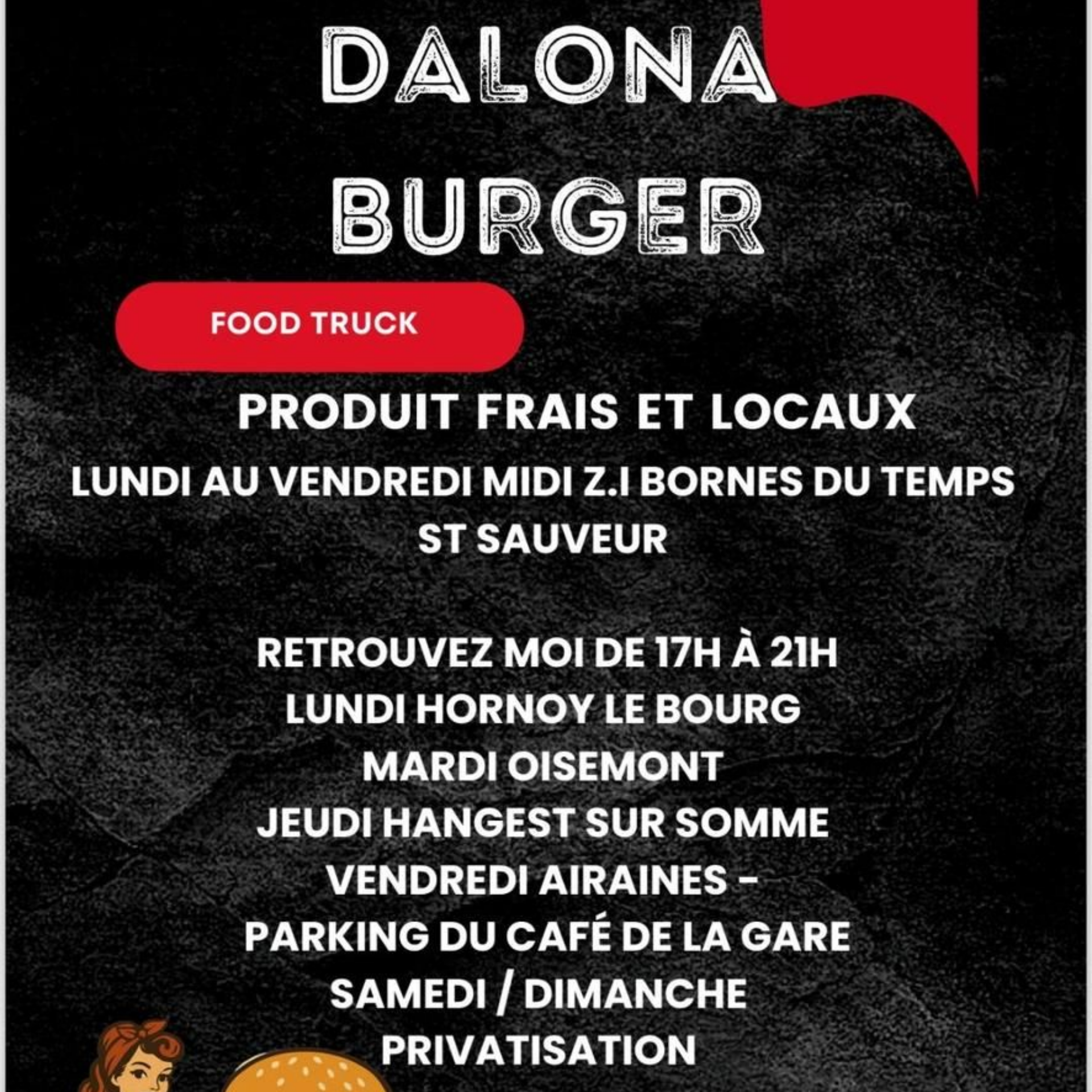Flyer de DALONA BURGER indiquant les emplacements et horaires quotidiens.