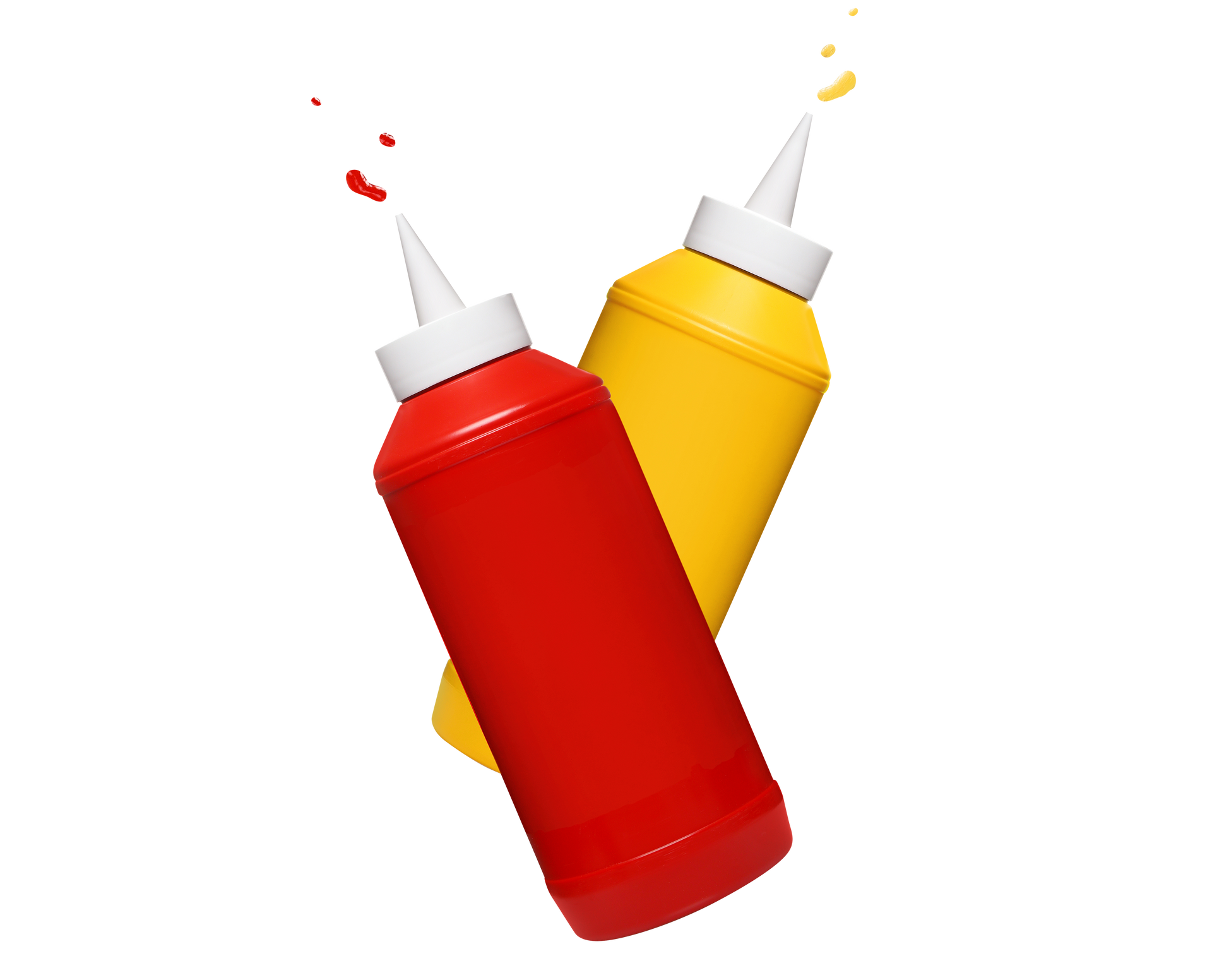 Bouteilles souples de ketchup rouge et de moutarde jaune.