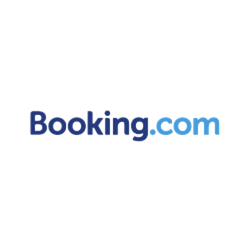 El logotipo de Booking.com es azul y blanco sobre un fondo blanco.