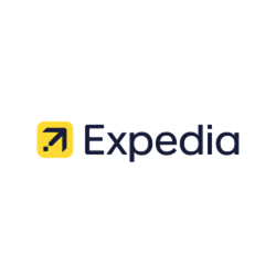 El logotipo de Expedia es negro y amarillo y tiene una flecha amarilla que apunta hacia arriba.