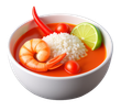 Bol de soupe Tom Yum aux crevettes, riz, citron vert, piment et tomates.