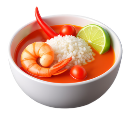 Bol de soupe Tom Yum aux crevettes, riz, citron vert, piment et tomates.