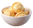 Bol de raviolis cuits, d'un jaune pâle.