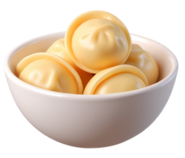Bol de raviolis cuits, d'un jaune pâle.