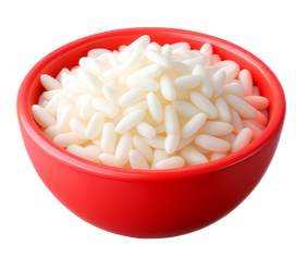 Un bol rouge rempli de riz blanc cuit.