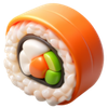 Rouleau de sushi avec du riz, une garniture à l'orange et un mélange d'ingrédients blancs, oranges et verts.