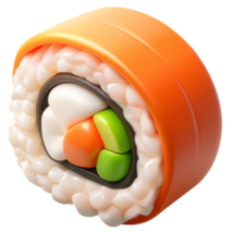 Rouleau de sushi avec du riz, une garniture à l'orange et un mélange d'ingrédients blancs, oranges et verts.