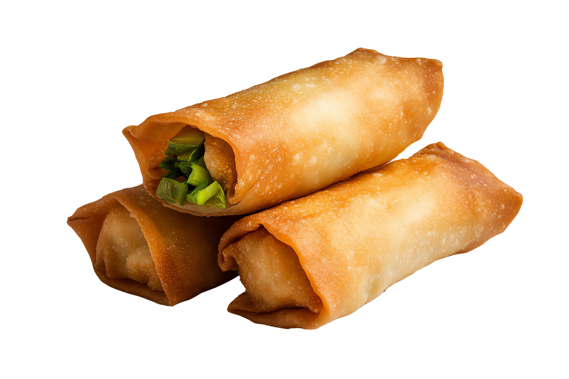 Pile de trois rouleaux de printemps dorés, dont un partiellement ouvert, laissant apparaître une garniture verte.