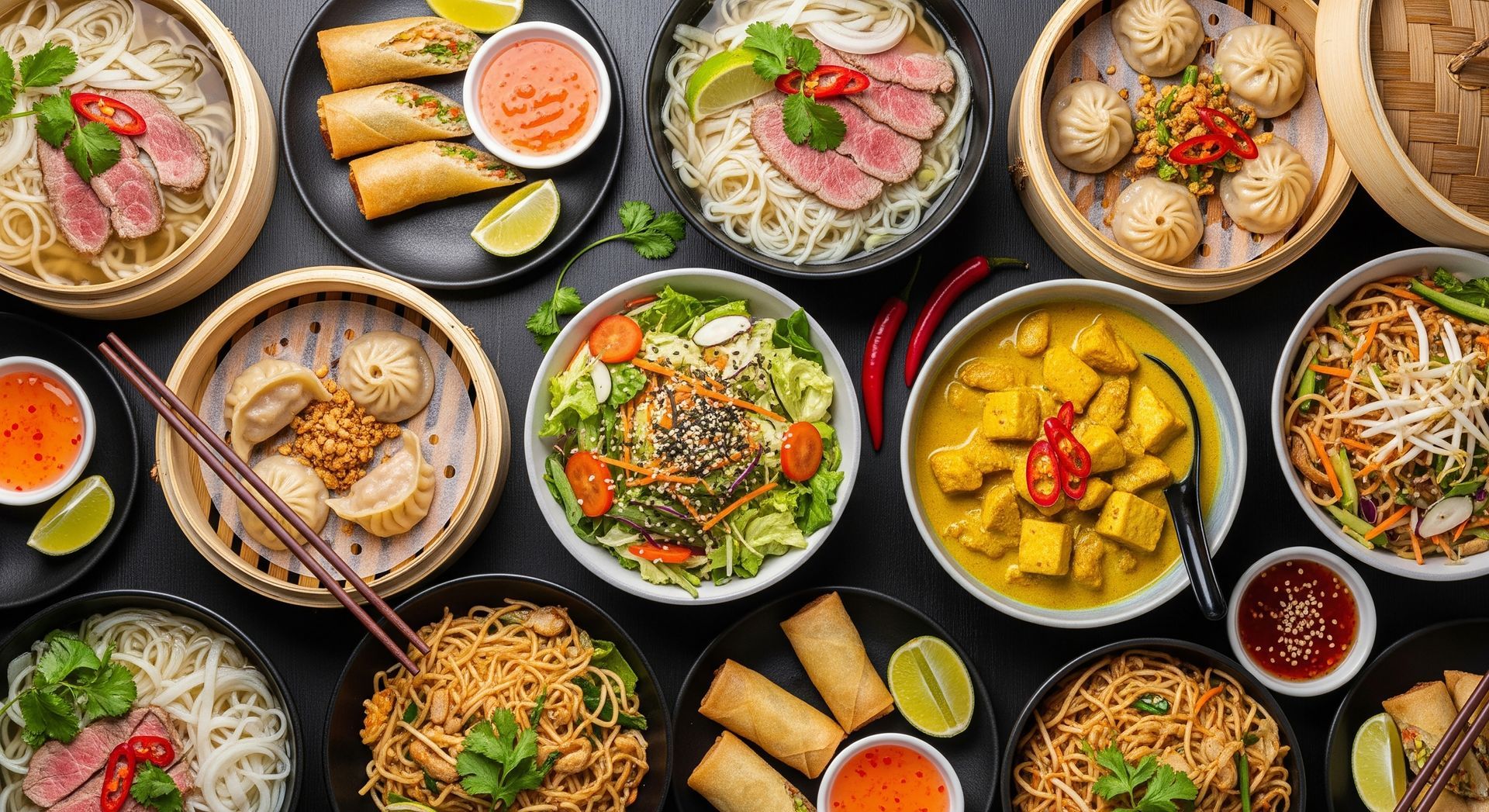 Plats asiatiques : nouilles, raviolis, rouleaux de printemps et curry disposés sur une surface sombre.