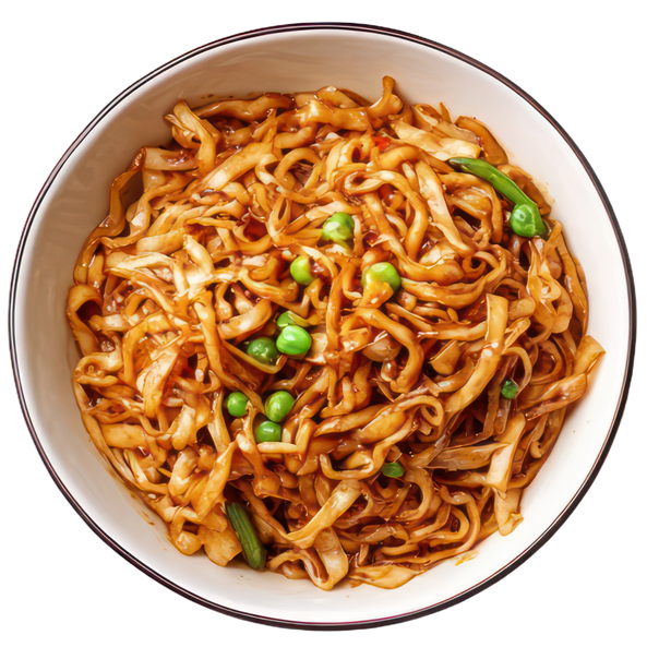 Bol de nouilles à la sauce brune et aux petits pois.