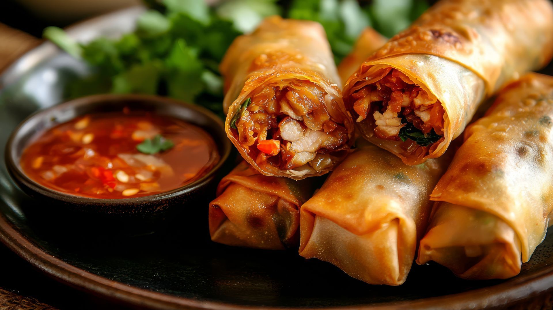 Nems dorés et frits, servis sur une assiette avec une sauce et des herbes.