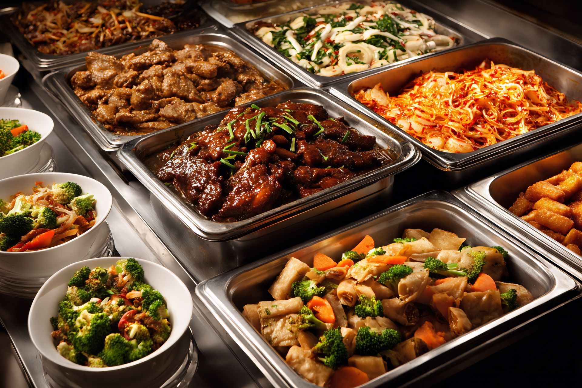 Buffet composé de divers plats asiatiques présentés dans des plateaux en métal et des bols blancs.