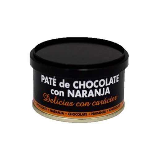 Una lata de paté de chocolate con naranja sobre un fondo blanco.