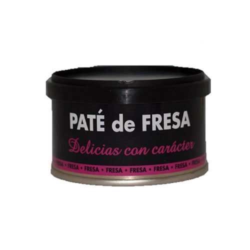Una lata negra de paté de fresa sobre un fondo blanco