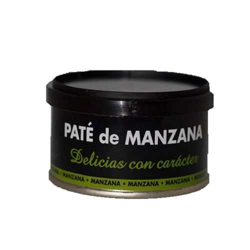 Una lata negra de paté de manzana sobre un fondo blanco.