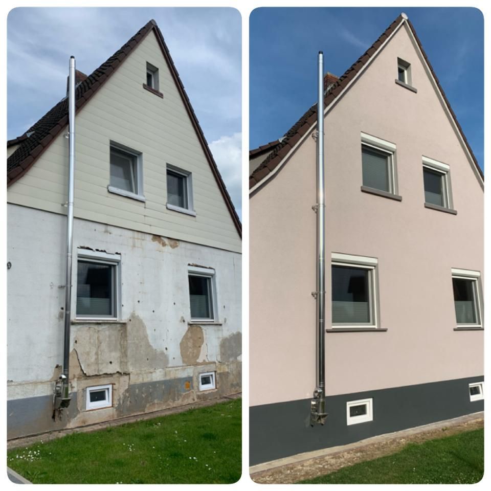 Ein Vorher-Nachher-Foto eines Hauses mit Fassadenanstrich