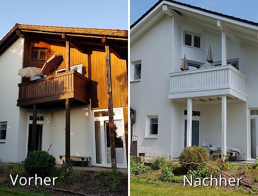 Ein Bild eines Hauses vor und nach dem Weißanstrich