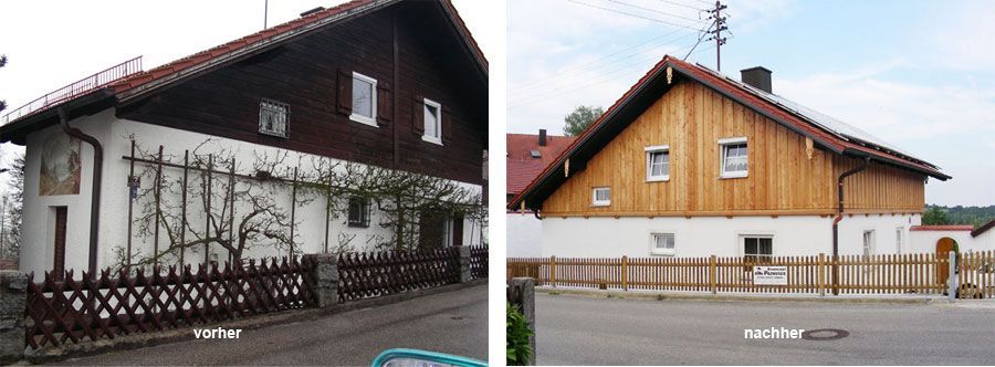 Ein Vorher-Nachher-Bild eines Hauses mit Holzverkleidung
