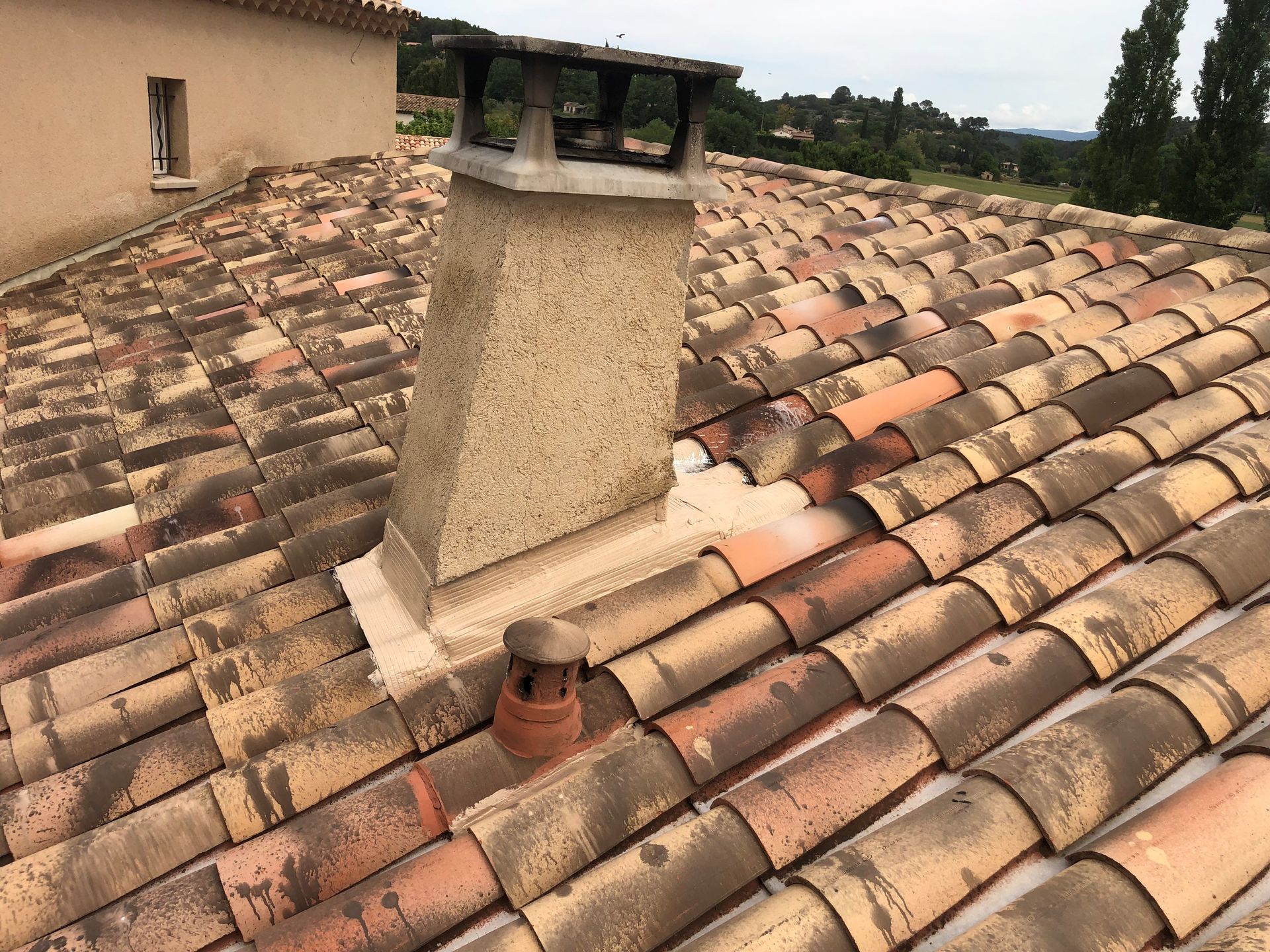 Toit en tuiles de terre cuite et cheminée centrale sur un bâtiment rustique.
