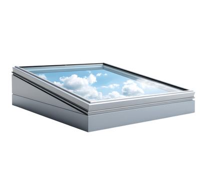 Puits de lumière moderne avec vitre reflétant le ciel bleu et les nuages
