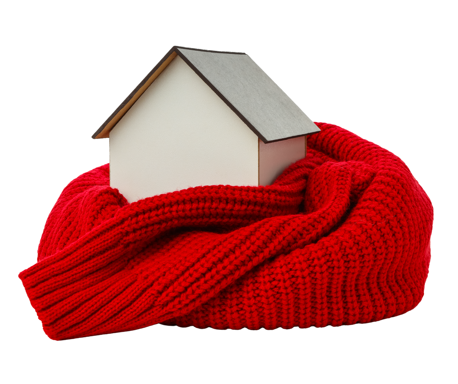 Petite maison reposant dans une écharpe rouge tricotée