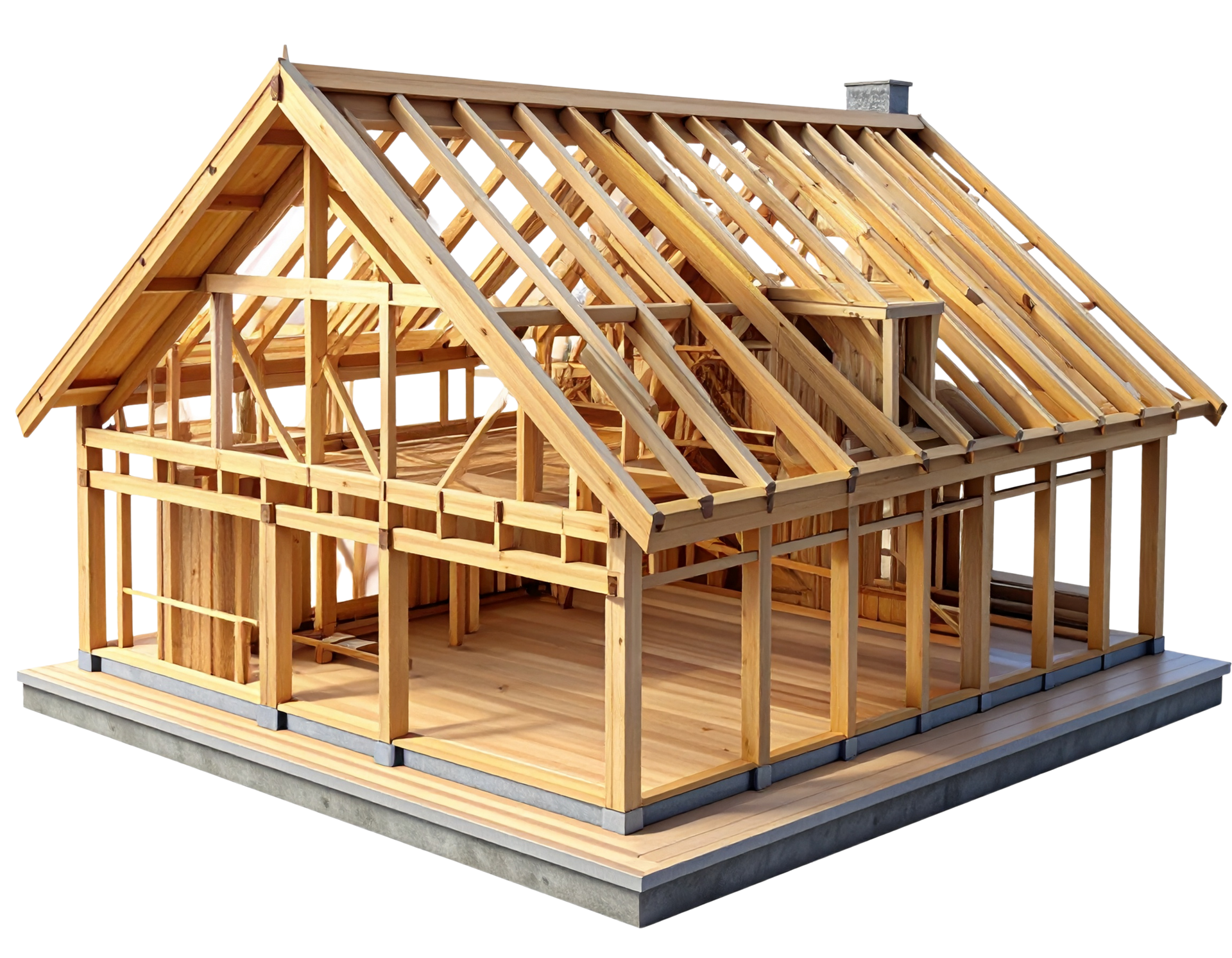 Ossature en bois en construction sur fondations, avec chevrons et montants de toiture apparents.