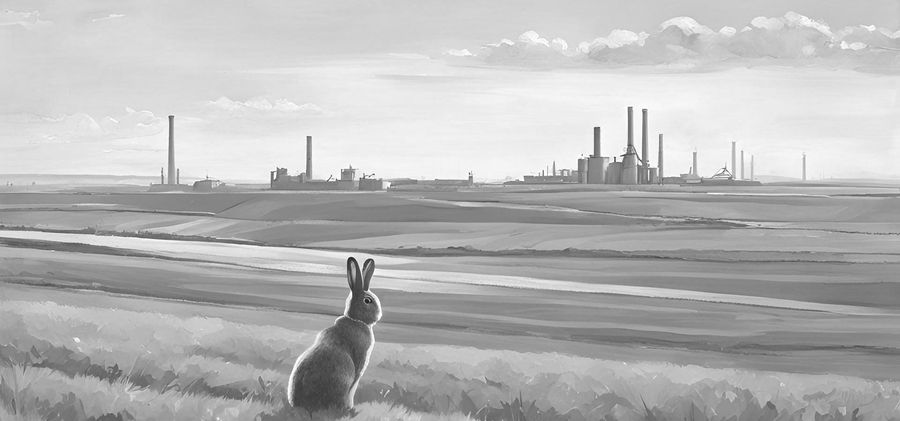 Hase vor einem Feld an dessen Rand ein Industriegebiet zu sehen ist