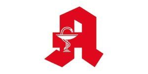 Rotes stilisiertes „A“ mit weißer Schale und Schlangenemblem, ein Apothekenlogo.