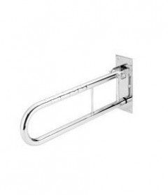 Ein klappbarer Haltegriff aus Edelstahl wird an einer Wand befestigt.