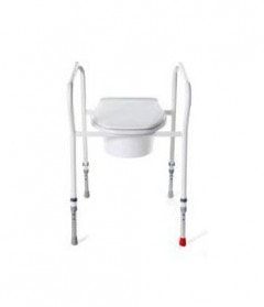 Ein weißer Toilettenstuhl mit daran befestigter Toilette.