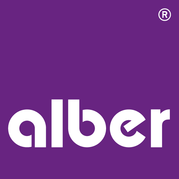 Ein violetter Hintergrund mit dem Wort „Alber“ in weißen Buchstaben