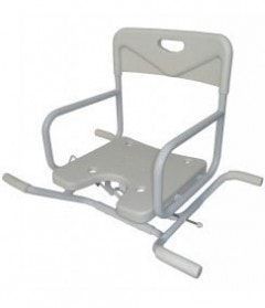 Ein grauer Badewannensitz mit Griffen auf weißem Hintergrund.