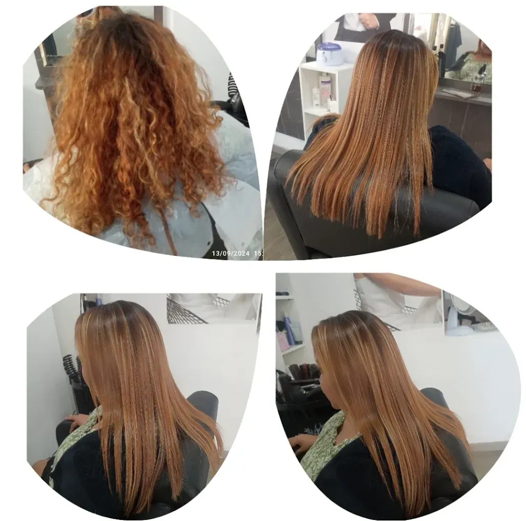 Cuatro imágenes que muestran la transformación del cabello: rizado a rizado y alisado.