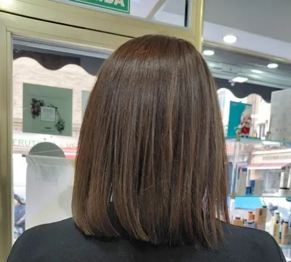 Mujer con cabello castaño hasta los hombros, ligeramente más corto en la nuca. El cabello es liso y brillante.