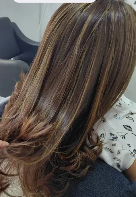 Mujer con cabello largo y castaño, resaltado con tonos dorados y rojos, sentada en el salón.