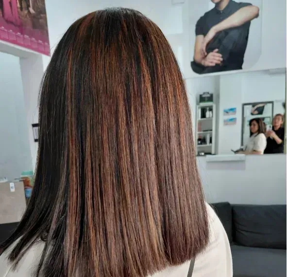 Cabello castaño liso de mujer con reflejos cobrizos. Entorno de salón, reflejo visible en el espejo.