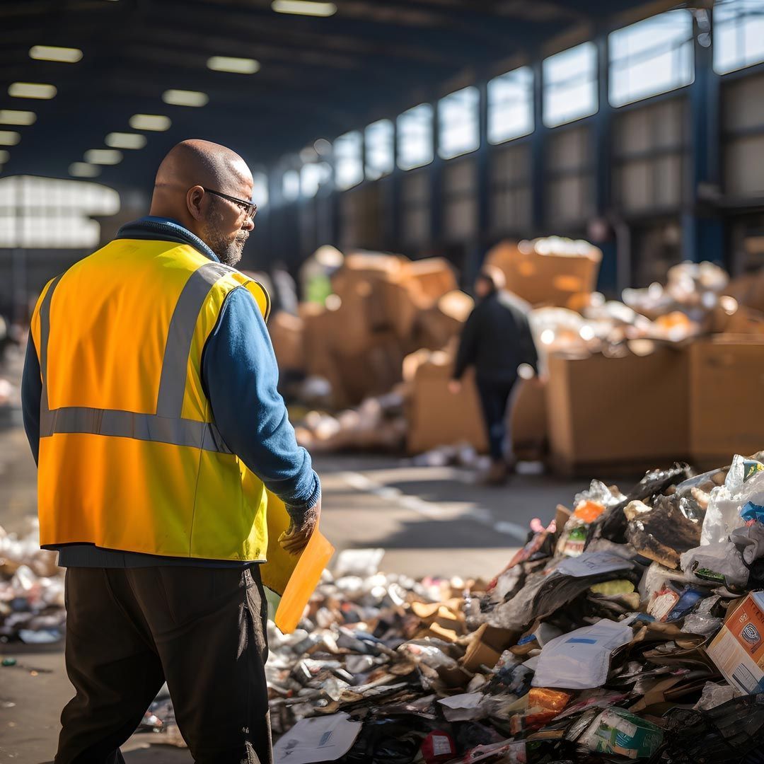Un hombre con un chaleco amarillo está parado frente a una pila de basura.